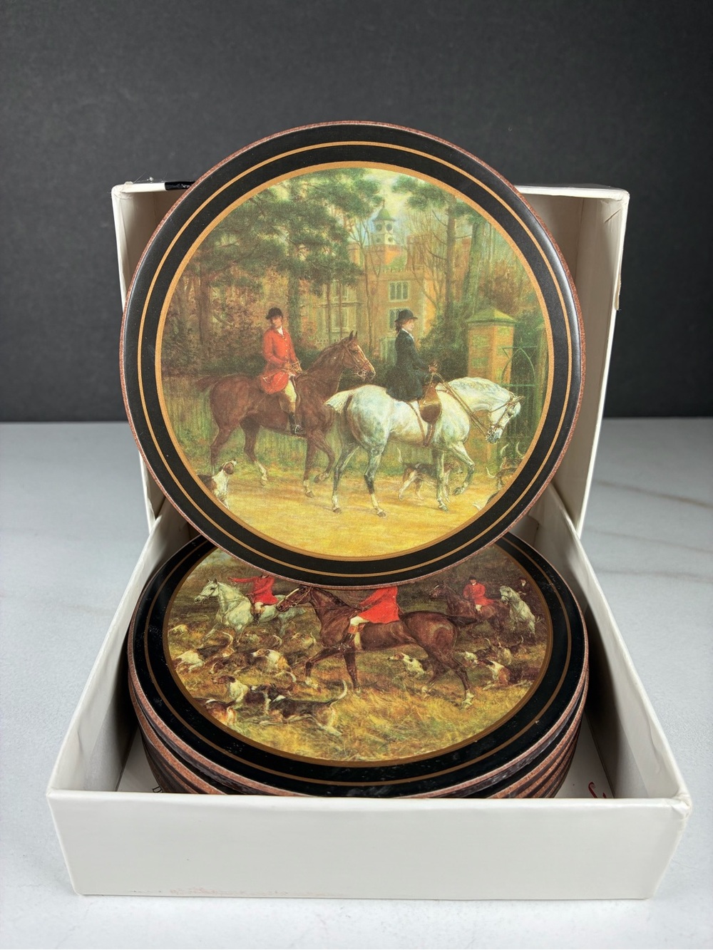 Pimpernel Equestrian Round Cork Backed Coasters Set of Six in Original Box